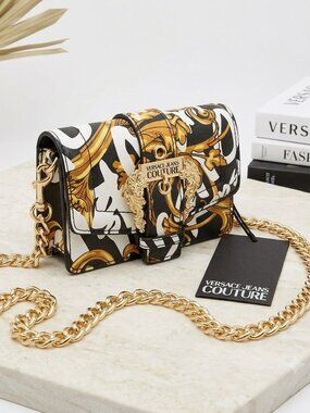 Versace Jeans Couture Black White and Gold Baroque Mini Bag